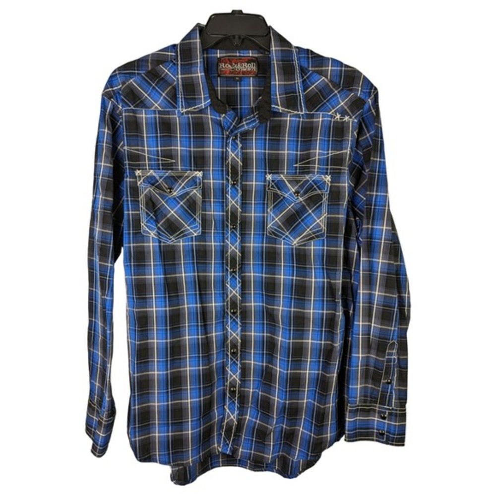 Rock & Roll Cowboy Shirt Mens XL Long Sleeve Black Snap Button Blue Plaid Stitch